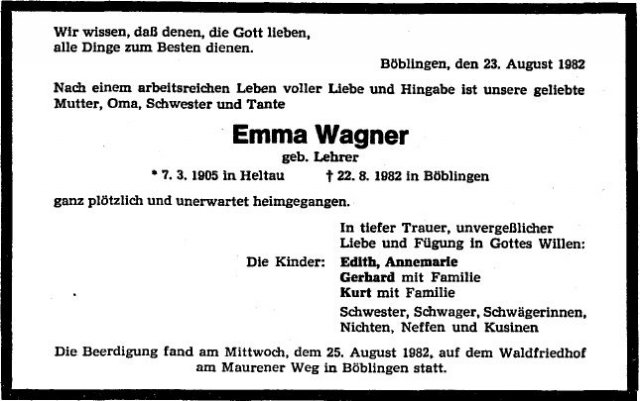 Lehrer Emma 1905-1982 Todesanzeige